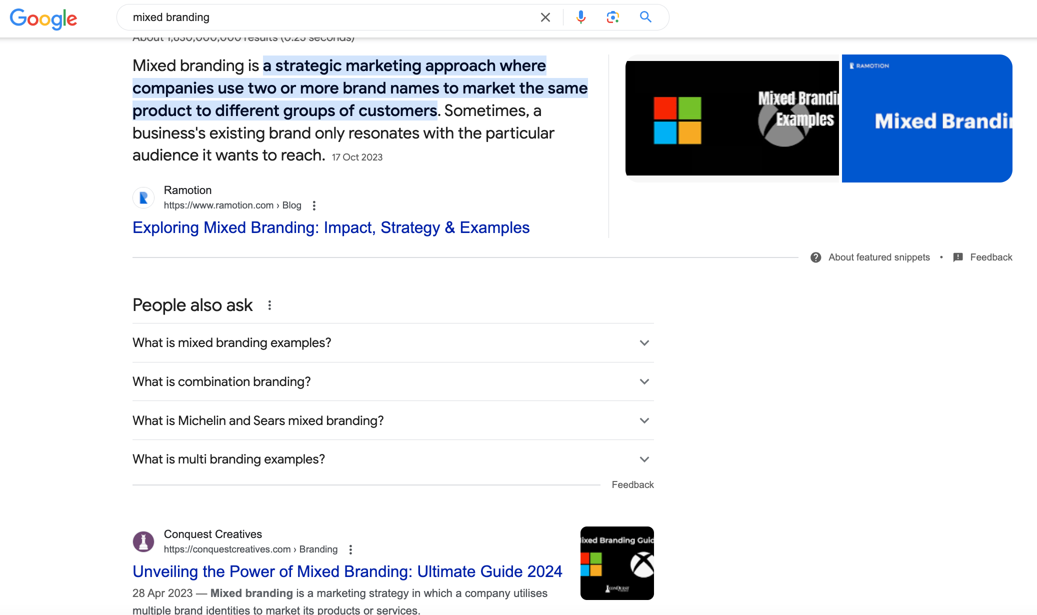 Conquest Creatives is ranking Page 1 Rank 1 for 'Mixed Branding' (Screenshot from Google)