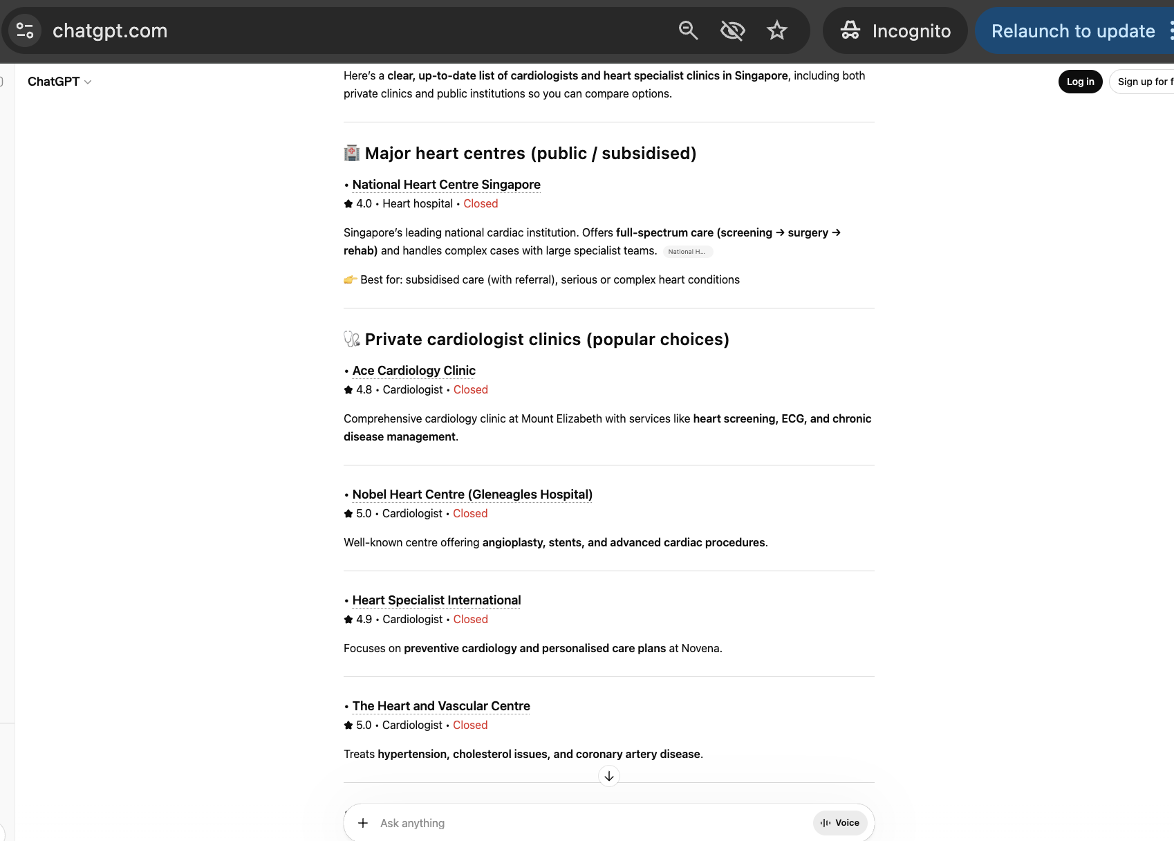 Harley Street Heart and Vascular Centre cited for 'Cardiologists Singapore' in ChatGPT responses